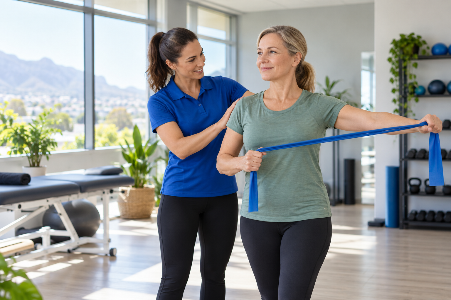Illustrative exercise practitioner supporting a resistance-band movement